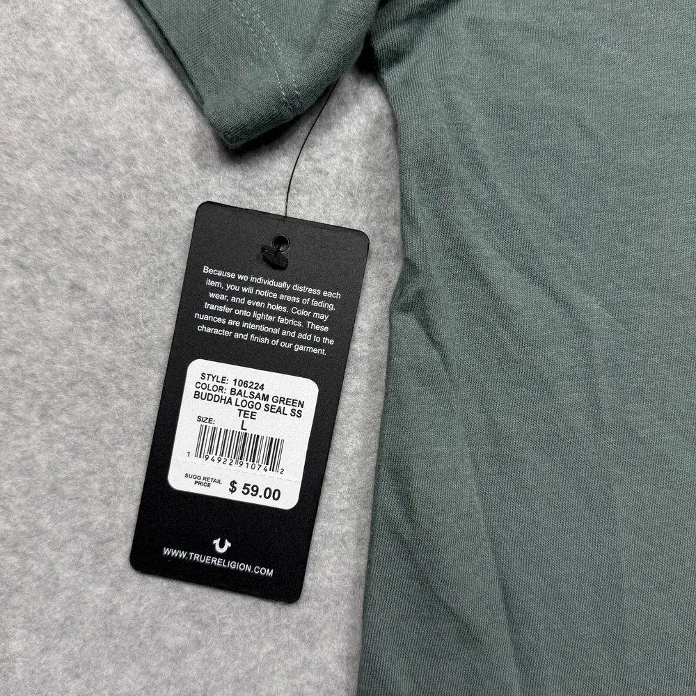True Religion Shirt Mens Large Green Buddha Logo Seal Short Sleeve Tee *